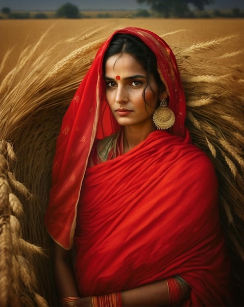 A woman in a red sari stands in front of wheat ears.