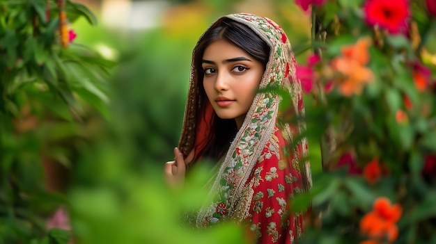 a woman in a red sari stands in a garden