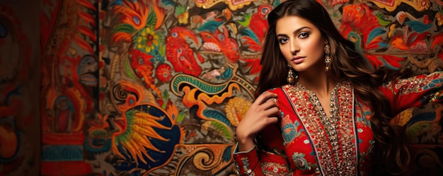 Photo a woman in a red sari with a colorful background