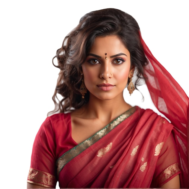 a woman in a red sari with a gold design on the front