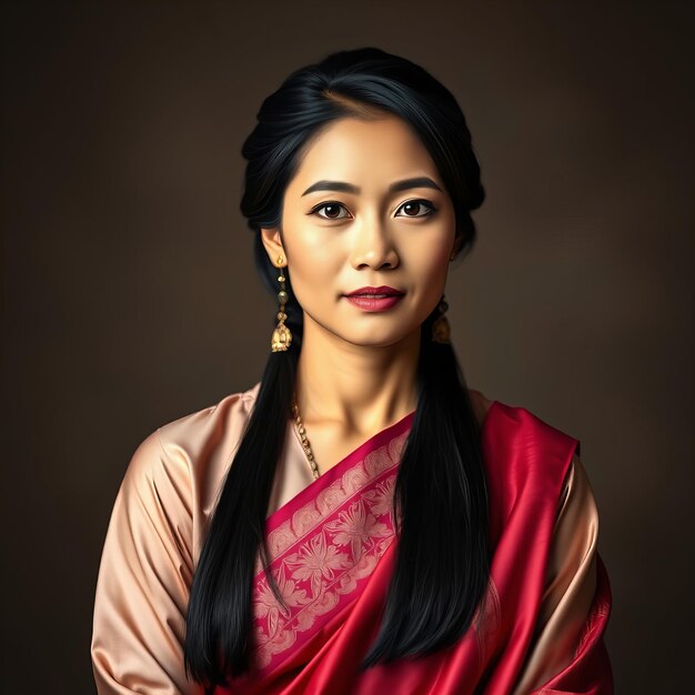 a woman in a red sari with a red background