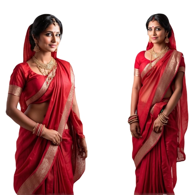 a woman in a red sari with a white background