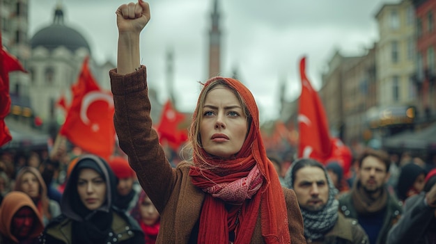 woman in red scarf holding up a fist in a crowd of people generative ai