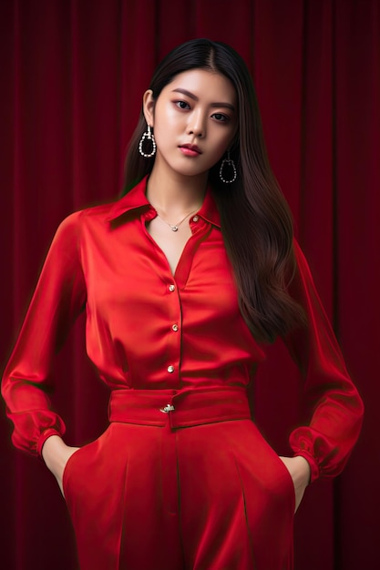 A woman in a red shirt and pants stands in front of a red curtain.