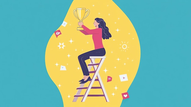 Photo a woman in a red shirt sits on a ladder and holds up a trophy surrounded by social media icons