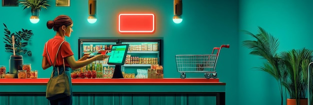 Photo a woman in a red shirt stands at the checkout of a modern grocery store a minimalist store wit