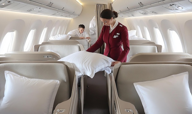 a woman in a red suit is standing next to a row of white pillows