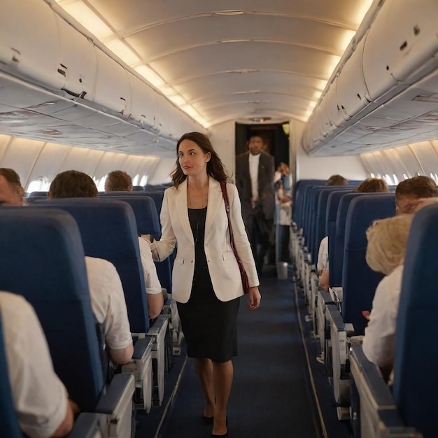 Woman in a red suit is walking down a aisle