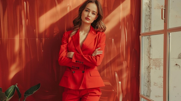 Photo a woman in a red suit stands against a red wall