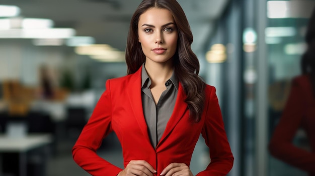 A woman in a red suit stands in an office building.