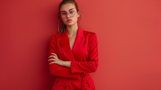 Photo a woman in a red suit with glasses on her head and wearing a red dress