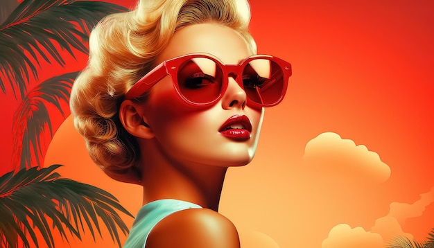 a woman in red sunglasses and a tropical background