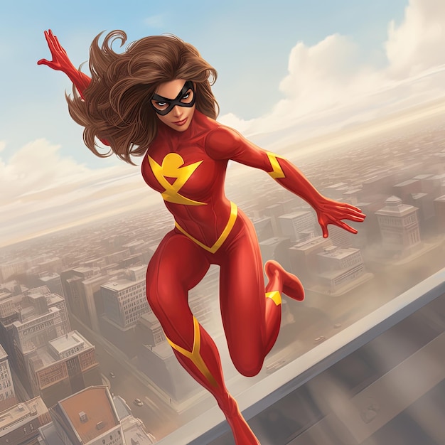 Photo a woman in a red superhero costume is flying over a city