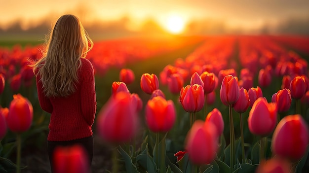 Woman in Red Sweater Admiring Sunset Over Tulip Field