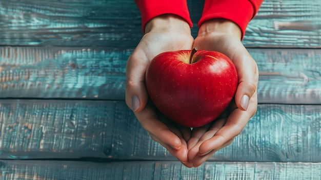 Photo a woman in a red sweater is holding a red apple in the palm of her hands the background is a blue wooden table