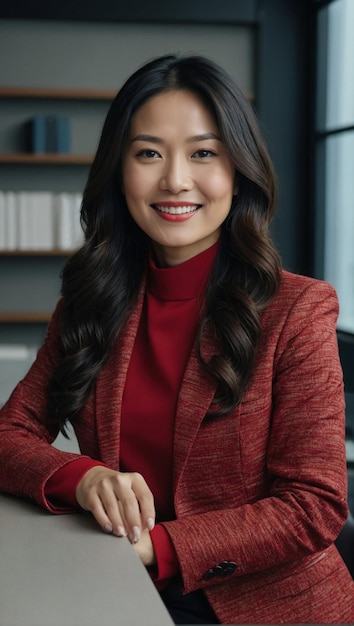 a woman in a red sweater with a book behind her