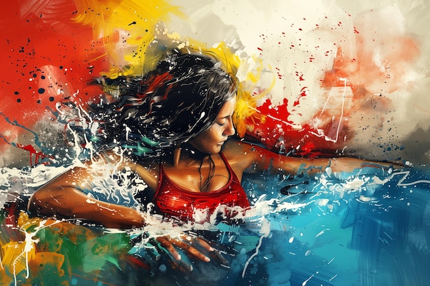 Woman in red swimsuit swimming with dynamic splashes of water and vivid background