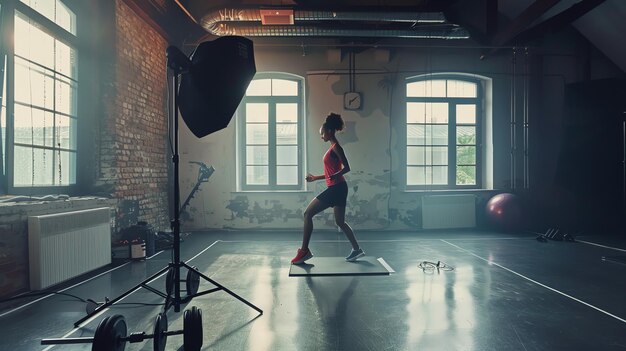 Photo woman in red top and black shorts exercising on a mat in a large studio setting