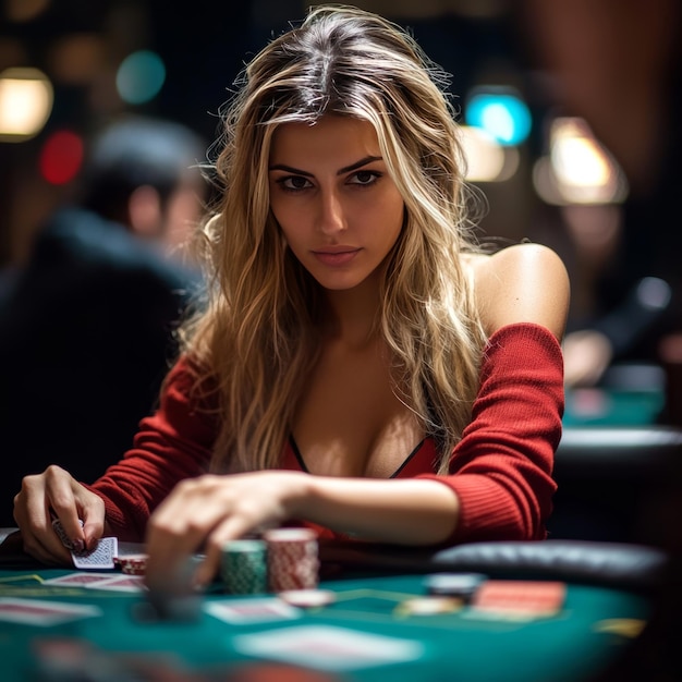 Photo a woman in a red top is sitting at a table with poker chips