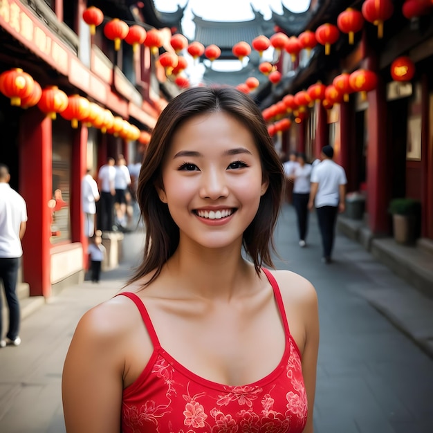 a woman in a red top smiles in front of a chinese building