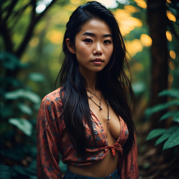 A woman in a red top stands in a forest with green leaves.