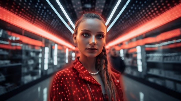 A woman in a red top stands in a tunnel with lights on the wall behind her.