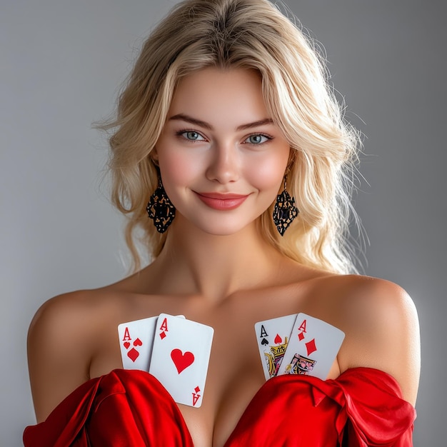 Photo a woman in a red top with cards on her chest