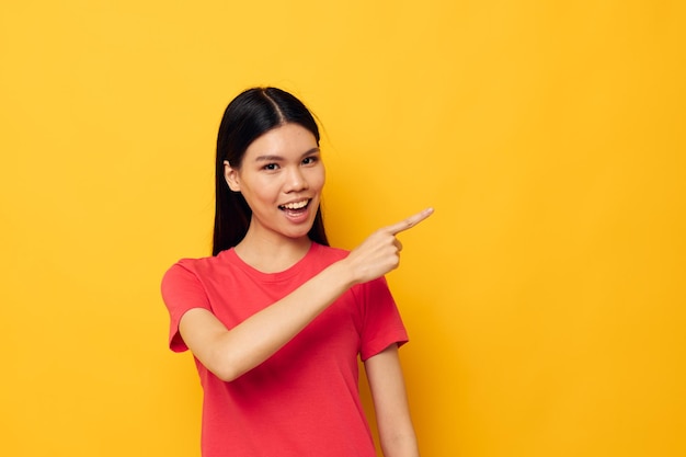 Woman red tshirts posing modern style isolated background unaltered