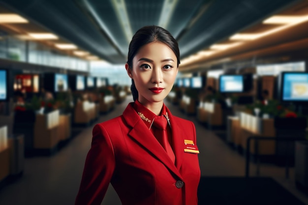 A woman in a red uniform stands in a room with many rows of desks and a sign that says'air hostess '