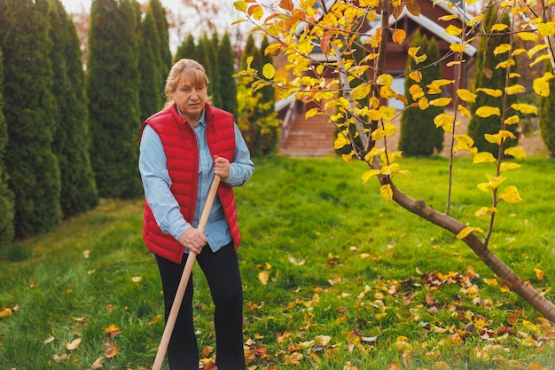 Woman in red vest holding rake Gardening during fall season Cleaning lawn from leaves Raking fallen leaves in the garden