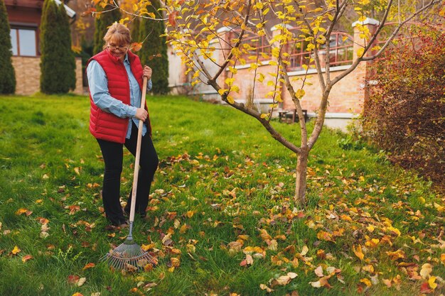 Woman in red vest holding rake Gardening during fall season Cleaning lawn from leaves Raking fallen leaves in the garden