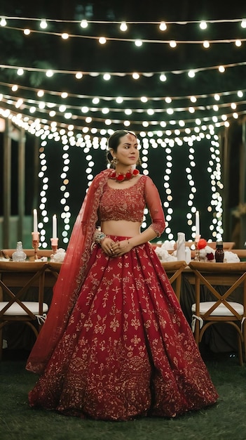 Photo a woman in a red wedding dress is standing in front of a table with lights and lights