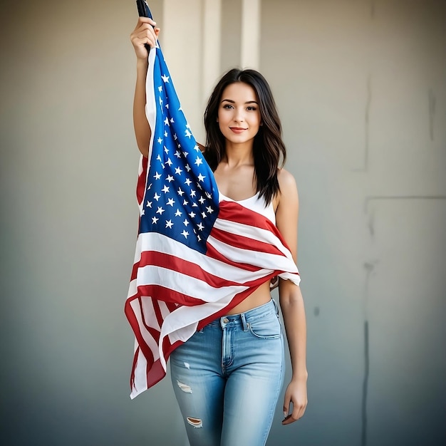 a woman in a red white and blue dress is holding a USA flag