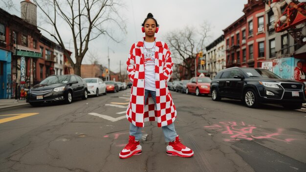 A woman in a red and white checkered coat stands on a city street