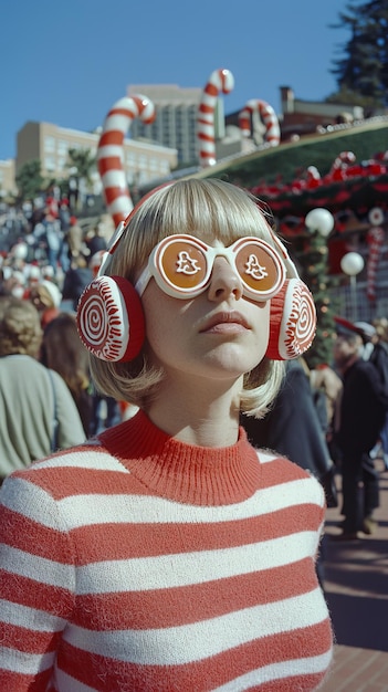 Photo woman in red and white striped sweater wearing christmasthemed headphones and sunglasses