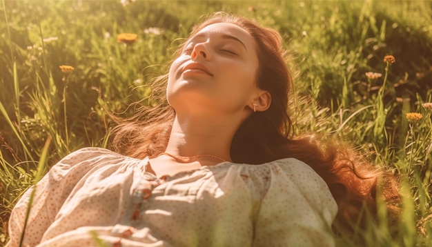 Woman relax and laying on the meadow with her eyes closed Surrounded by grass and wildflowers