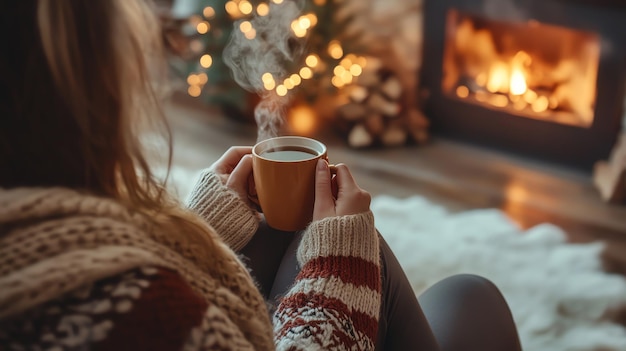 Woman relaxes by a cozy fireplace with a warm drink