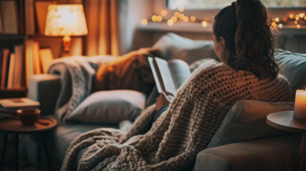 A woman relaxes on a comfortable sofa in her living room reading a captivating novel She is surrounded by soft pillows and a cozy blanket with a cup of tea on the side table