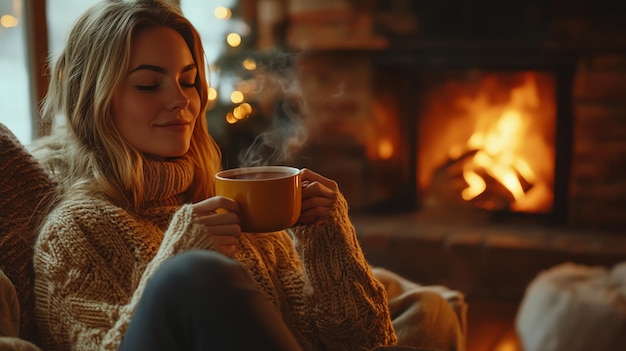 Photo a woman relaxes in a cozy chair by a fireplace enjoying a warm drink