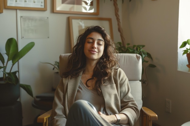 Woman relaxes in elegant living room with bookshelf and plant creating a cozy interior design aig