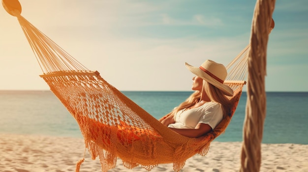 A woman relaxes and enjoys the sun on vacation on the beach in a wicker hammock Generative Ai