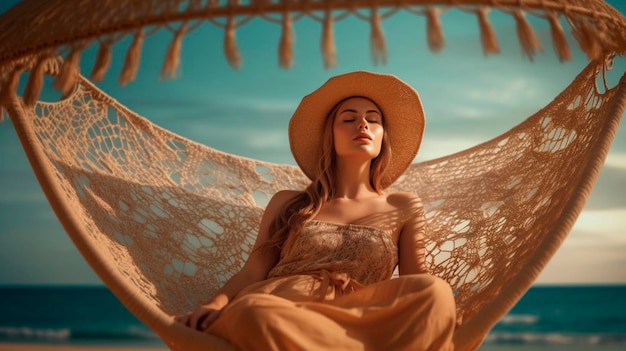 A woman relaxes and enjoys the sun on vacation on the beach in a wicker hammock Generative Ai