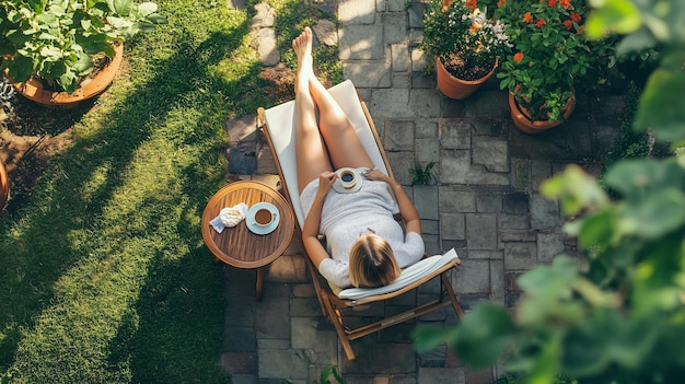 Photo a woman relaxes in a garden lounge chair enjoying tea during a sunny afternoon surrounded by blooming flowers and greenery