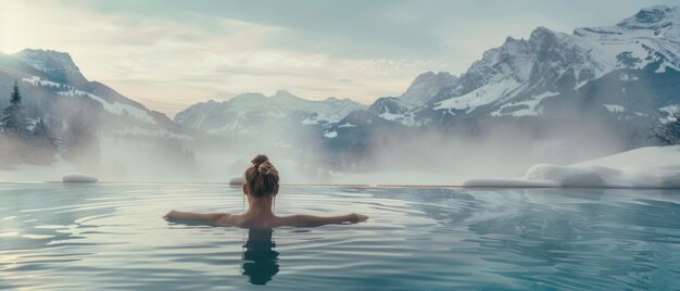 Photo a woman relaxes in a mountain hot spring with snowy peaks and misty air setting a stunning serene backdrop