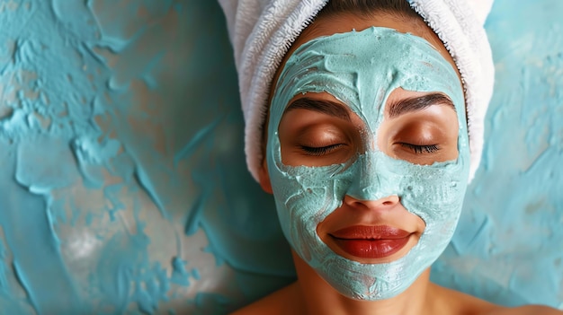 A woman relaxes with a blue face mask on