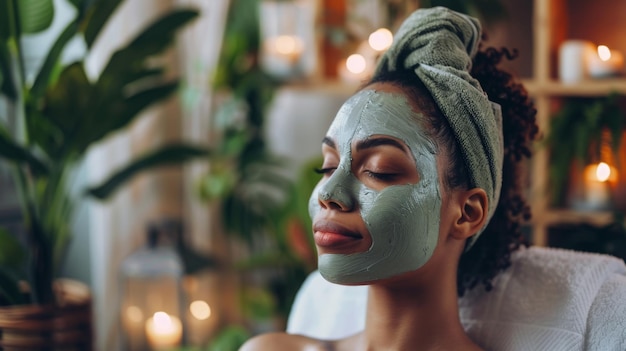 A woman relaxes with a green facial mask on her face her eyes closed surrounded by greenery and soft