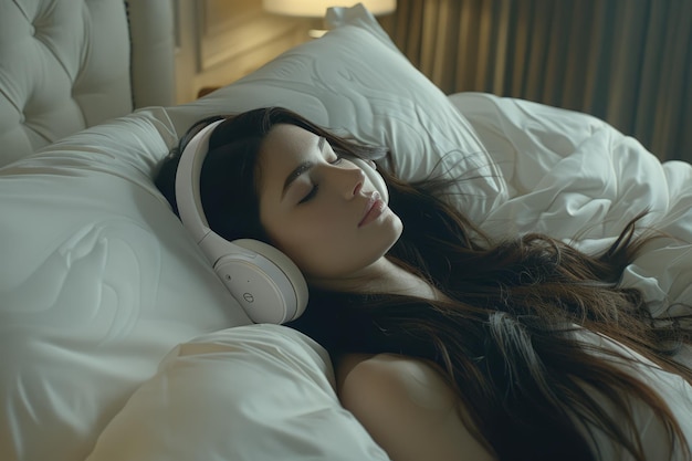 Woman relaxes with wireless headphones listening to music