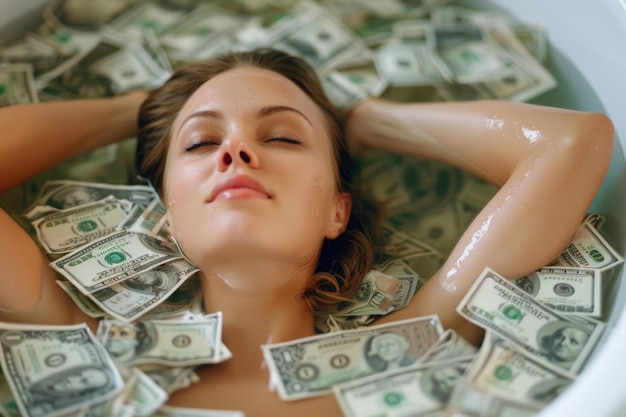 Woman Relaxing in Bathtub Full of Money Concept of Wealth and Financial Success