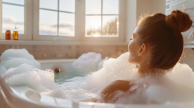 Photo a woman relaxing in a bubble bath