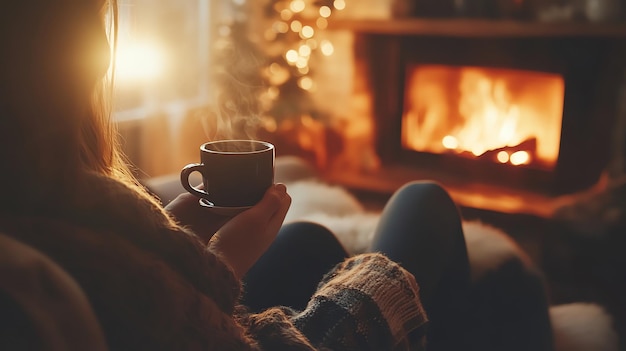 Woman relaxing by a cozy fireplace with a warm drink